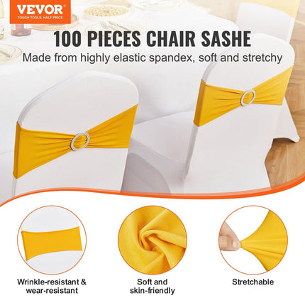 Stretch Spandex Chair Sashes, Chair Slipcover and Stretch Chair Sash with Round Buckle, Elastic Chair Bands, Fitting Wedding, Holiday, Banquet, Party Chair Decoration (100 PCS Golden Yellow).