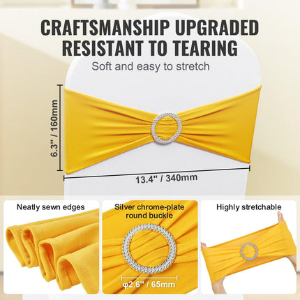 Stretch Spandex Chair Sashes, Chair Slipcover and Stretch Chair Sash with Round Buckle, Elastic Chair Bands, Fitting Wedding, Holiday, Banquet, Party Chair Decoration (100 PCS Golden Yellow).