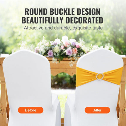 Stretch Spandex Chair Sashes, Chair Slipcover and Stretch Chair Sash with Round Buckle, Elastic Chair Bands, Fitting Wedding, Holiday, Banquet, Party Chair Decoration (100 PCS Golden Yellow).