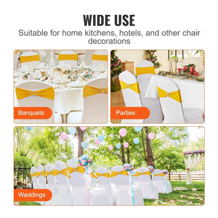 Stretch Spandex Chair Sashes, Chair Slipcover and Stretch Chair Sash with Round Buckle, Elastic Chair Bands, Fitting Wedding, Holiday, Banquet, Party Chair Decoration (100 PCS Golden Yellow).
