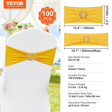 Stretch Spandex Chair Sashes, Chair Slipcover and Stretch Chair Sash with Round Buckle, Elastic Chair Bands, Fitting Wedding, Holiday, Banquet, Party Chair Decoration (100 PCS Golden Yellow).