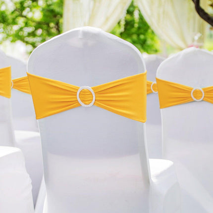 Stretch Spandex Chair Sashes, Chair Slipcover and Stretch Chair Sash with Round Buckle, Elastic Chair Bands, Fitting Wedding, Holiday, Banquet, Party Chair Decoration (100 PCS Golden Yellow).