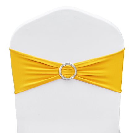 Stretch Spandex Chair Sashes, Chair Slipcover and Stretch Chair Sash with Round Buckle, Elastic Chair Bands, Fitting Wedding, Holiday, Banquet, Party Chair Decoration (100 PCS Golden Yellow).
