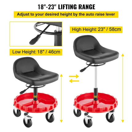 Shop Stool, 135 kg Rolling Garage Stool, 56 cm to 66 cm Adjustable Height Mobile Rolling Gear Seat, Round Tray Garage Pneumatic Stool, All-Terrain 12.7 cm Casters with Two Brakes Mechanic Seat.