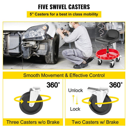 Shop Stool, 135 kg Rolling Garage Stool, 56 cm to 66 cm Adjustable Height Mobile Rolling Gear Seat, Round Tray Garage Pneumatic Stool, All-Terrain 12.7 cm Casters with Two Brakes Mechanic Seat.