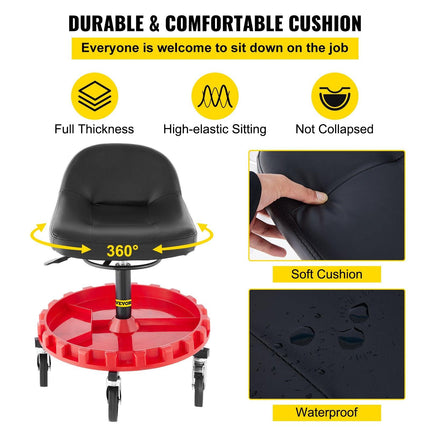 Shop Stool, 135 kg Rolling Garage Stool, 56 cm to 66 cm Adjustable Height Mobile Rolling Gear Seat, Round Tray Garage Pneumatic Stool, All-Terrain 12.7 cm Casters with Two Brakes Mechanic Seat.