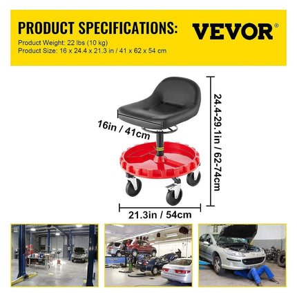 Shop Stool, 135 kg Rolling Garage Stool, 56 cm to 66 cm Adjustable Height Mobile Rolling Gear Seat, Round Tray Garage Pneumatic Stool, All-Terrain 12.7 cm Casters with Two Brakes Mechanic Seat.