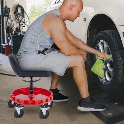 Shop Stool, 135 kg Rolling Garage Stool, 56 cm to 66 cm Adjustable Height Mobile Rolling Gear Seat, Round Tray Garage Pneumatic Stool, All-Terrain 12.7 cm Casters with Two Brakes Mechanic Seat.