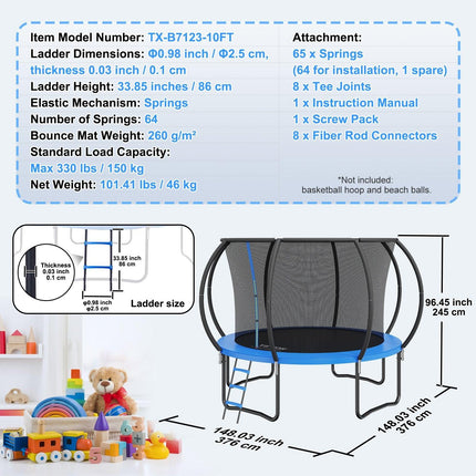 10FT Trampoline, 330 lbs Trampoline with Enclosure Net, Ladder, and Curved Pole, Heavy Duty Trampoline with Jumping Mat and Spring Cover Padding, Outdoor Recreational Trampolines for Kids Adults.