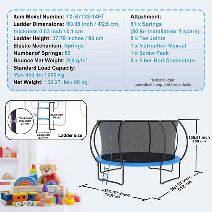 14FT Trampoline, 450 lbs Trampoline with Enclosure Net, Ladder, and Curved Pole, Heavy Duty Trampoline with Jumping Mat and Spring Cover Padding, Outdoor Recreational Trampolines for Kids Adults.