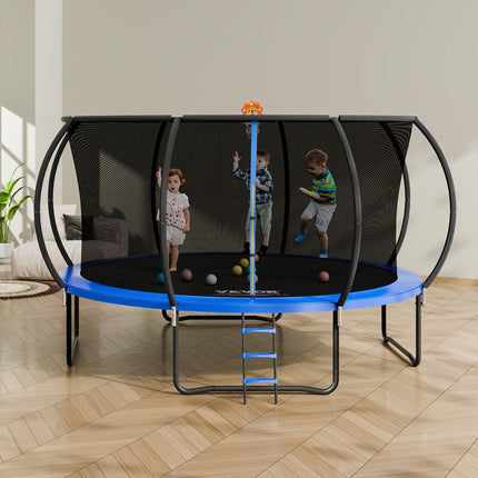 14FT Trampoline, 450 lbs Trampoline with Enclosure Net, Ladder, and Curved Pole, Heavy Duty Trampoline with Jumping Mat and Spring Cover Padding, Outdoor Recreational Trampolines for Kids Adults.