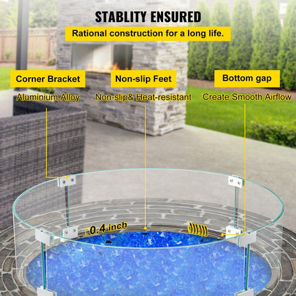 Fire Pit Wind Guard, Glass Flame Guard, Round Glass Shield, 1/4-Inch Thick Fire Table, Clear Tempered Glass Flame Guard, Aluminum Alloy Feet for Propane, Gas, Outdoor (23 x 23 x 6 Inch).