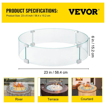 Fire Pit Wind Guard, Glass Flame Guard, Round Glass Shield, 1/4-Inch Thick Fire Table, Clear Tempered Glass Flame Guard, Aluminum Alloy Feet for Propane, Gas, Outdoor (23 x 23 x 6 Inch).