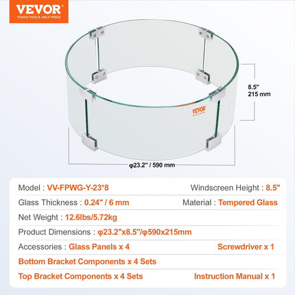 Fire Pit Wind Guard, 23 x 23 x 8 Inch Glass Flame Guard, Round Glass Shield, 1/4-Inch Thick Fire Table, Clear Tempered Glass Flame Guard, Aluminum Alloy Feet for Propane, Gas, Outdoor.