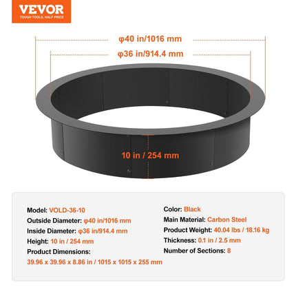 Fire Pit Ring, 40-Inch Outer/36-Inch Inner Diameter, 10inch Height 2.5mm Thick Fire Pit Insert, Heavy Duty Carbon Steel Liner DIY Campfire Ring above or In-Ground, for Outdoor Camping, Bonfires.