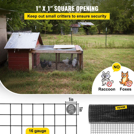 Hardware Cloth, 24\" x50\' & 1\"x1\" Mesh Size, Galvanized Steel Vinyl Coated 16 Gauge Welded Wire with A Cutting Plier & A Pair of Fabric Gloves, for Garden Fencing & Pet Enclosures, Black.