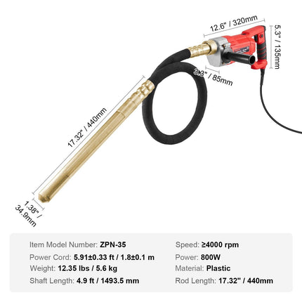 Handheld Electric Concrete Vibrator 800W 1.5M Shaft Air Bubble Remover.