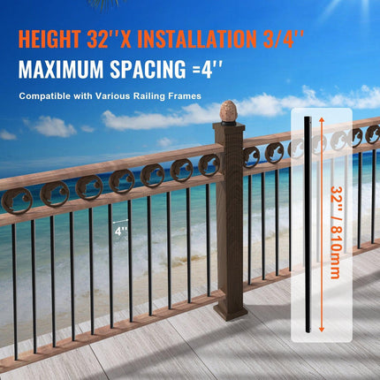 Staircase Metal Balusters, 3/4'' Round x 32'' Long Aluminum Decorative Banister Spindles, 101 Pack Deck Baluster with Screws, Classic Hollow Deck Railing Satin Black Powder Coated for Porch.