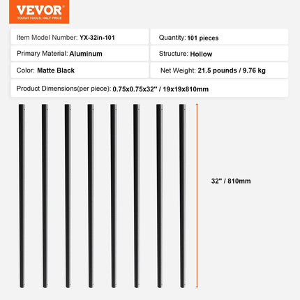 Staircase Metal Balusters, 3/4'' Round x 32'' Long Aluminum Decorative Banister Spindles, 101 Pack Deck Baluster with Screws, Classic Hollow Deck Railing Satin Black Powder Coated for Porch.