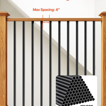 VEVOR Staircase Balusters 101 Pack, 32 In Aluminum Stair Balusters, 3/4 In Water-Proof Round Metal Spindle Railing, Hollow Deck Railing with Rail Caps & Screws for Stairs, Porch, Patio, Fence, Black.