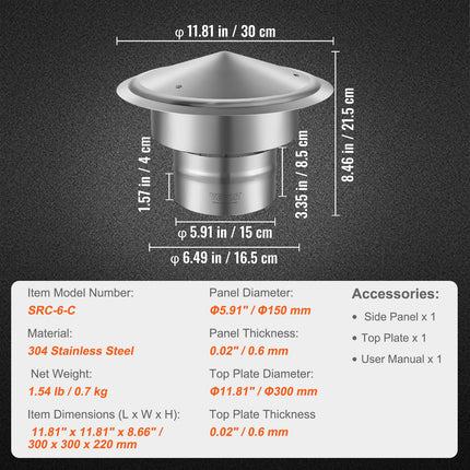 Chimney Cap 6-inch 304 Stainless Steel Round Roof Rain Cap Cover Silver.