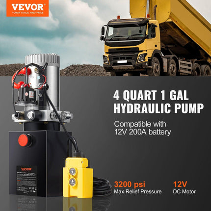 VEVOR Hydraulic Pump, 4 Quart Hydraulic Power Unit, Single Acting Dump Trailer Pump, 0.91 GPM Flow Rate, 3200 PSI Max Relief Pressure, DC 12V Hydraulic Pump for Dump Trailer Car Lifting.