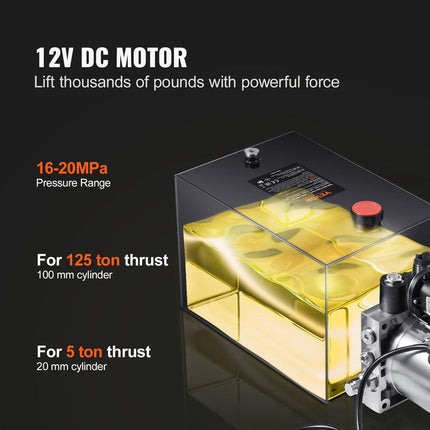 VEVOR Hydraulic Pump, 4 Quart Hydraulic Power Unit, Single Acting Dump Trailer Pump, 0.91 GPM Flow Rate, 3200 PSI Max Relief Pressure, DC 12V Hydraulic Pump for Dump Trailer Car Lifting.