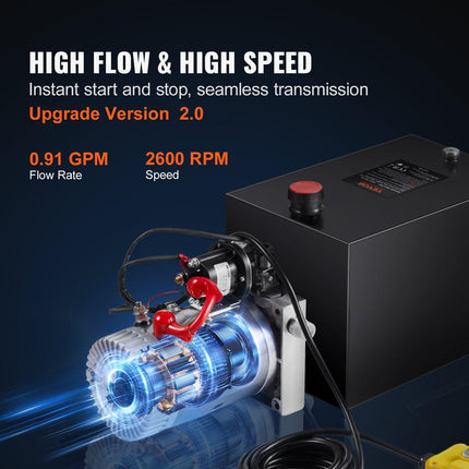 VEVOR Hydraulic Pump, 4 Quart Hydraulic Power Unit, Single Acting Dump Trailer Pump, 0.91 GPM Flow Rate, 3200 PSI Max Relief Pressure, DC 12V Hydraulic Pump for Dump Trailer Car Lifting.