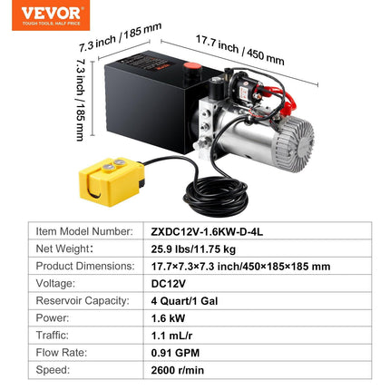 VEVOR Hydraulic Pump, 4 Quart Hydraulic Power Unit, Single Acting Dump Trailer Pump, 0.91 GPM Flow Rate, 3200 PSI Max Relief Pressure, DC 12V Hydraulic Pump for Dump Trailer Car Lifting.