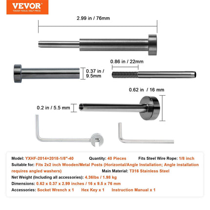 40 Pack Invisible Cable Railing kit, T316 Stainless Steel 3.2mm Invisible Receiver and Swage Stud End for Cable Railing, Swage Tensioner 3.2mm for Wood/Metal Post, Cable Railing Hardware, Black.