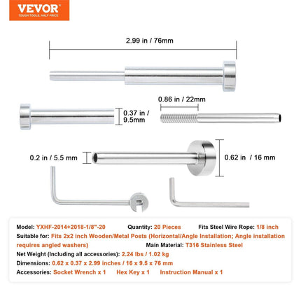 20 Pack Invisible Cable Railing kit, T316 Stainless Steel 3.2mm Invisible Receiver and Swage Stud End for Cable Railing, Swage Tensioner 3.2mm for Wood/Metal Post, Cable Railing Hardware, Silver.