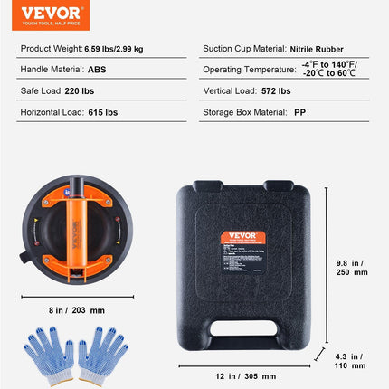 Glass Suction Cup, 203 mm 2 Pack 278 kg Capacity, Vacuum Suction Cup with ABS Handle and Carry Box, Heavy Duty Industrial Suction Cup Lifter Tool for Glass, Granite, Tile, Metal, Wood Lifting.
