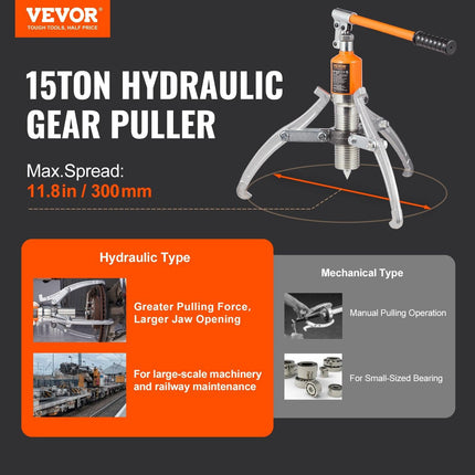 Hydraulic Gear Puller 15 Ton Wheel Pulley Bearing 2 or 3-Jaw with Case.