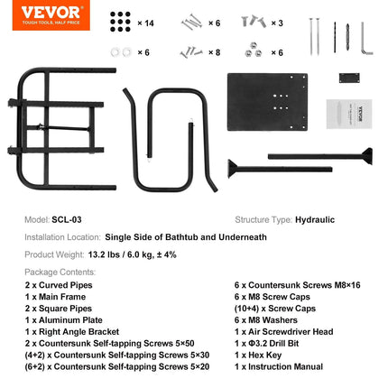 Hot Tub Cover Lift, Spa Cover Lift, Hydraulic, Height 84.07cm - 104.9cm Width 134.87cm - 234.95cm Adjustable, Installed Underneath on one Sides, Suitable for Various Sizes of Hot Tubs, Spa.