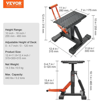 Dirt Bike Lift Stand, Motorcycle Jack Lift Stand 440 lbs Capacity and Hydraulic Lift Operation, Adjustable Height Hoist Table, for Dirt Pit Bike Repair, Maintenance, Dirt Bike Accessories.