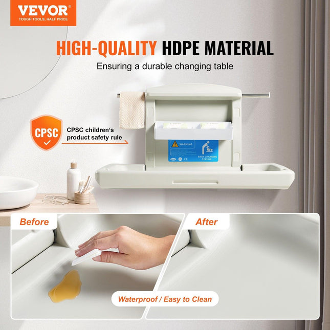 VEVOR Wall-Mounted Baby Changing Station, Horizontal Foldable Diaper Change Table with Safety Straps and Hanging Rods, Use in Commercial Bathrooms,  Daycare Centers for Newborns & Infant.