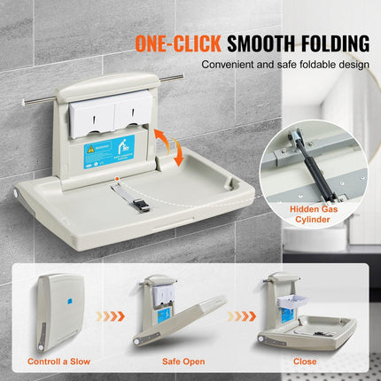 VEVOR Wall-Mounted Baby Changing Station, Horizontal Foldable Diaper Change Table with Safety Straps and Hanging Rods, Use in Commercial Bathrooms,  Daycare Centers for Newborns & Infant.