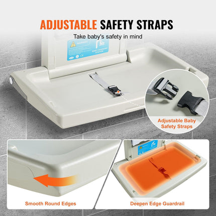 VEVOR Wall-Mounted Baby Changing Station, Horizontal Foldable Diaper Change Table with Safety Straps and Hanging Rods, Use in Commercial Bathrooms,  Daycare Centers for Newborns & Infant.