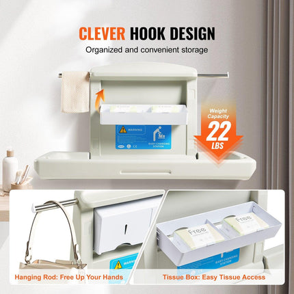 VEVOR Wall-Mounted Baby Changing Station, Horizontal Foldable Diaper Change Table with Safety Straps and Hanging Rods, Use in Commercial Bathrooms,  Daycare Centers for Newborns & Infant.