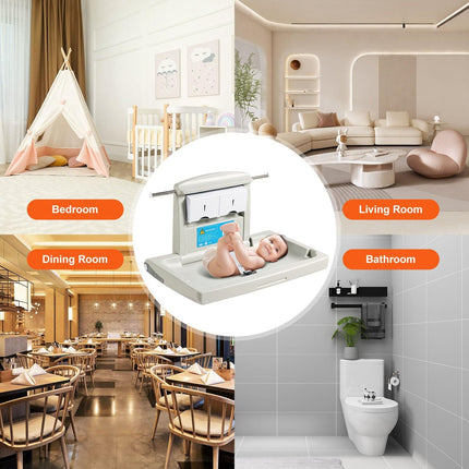 VEVOR Wall-Mounted Baby Changing Station, Horizontal Foldable Diaper Change Table with Safety Straps and Hanging Rods, Use in Commercial Bathrooms,  Daycare Centers for Newborns & Infant.