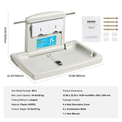 VEVOR Wall-Mounted Baby Changing Station, Horizontal Foldable Diaper Change Table with Safety Straps and Hanging Rods, Use in Commercial Bathrooms,  Daycare Centers for Newborns & Infant.
