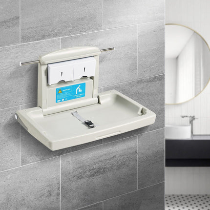 VEVOR Wall-Mounted Baby Changing Station, Horizontal Foldable Diaper Change Table with Safety Straps and Hanging Rods, Use in Commercial Bathrooms,  Daycare Centers for Newborns & Infant.