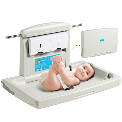 VEVOR Wall-Mounted Baby Changing Station, Horizontal Foldable Diaper Change Table with Safety Straps and Hanging Rods, Use in Commercial Bathrooms,  Daycare Centers for Newborns & Infant.
