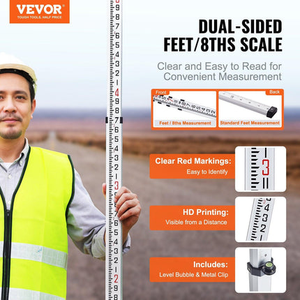 Aluminum Grade Rod, 14-Feet/8ths 4 Sections Telescopic Measuring Rod, Double-Sided Scale 1/8in Leveling Rod Stick, Aluminum Alloy Survey Rod w/ Bubble Level &Carrying Bag for Houses,Walls,Floors.