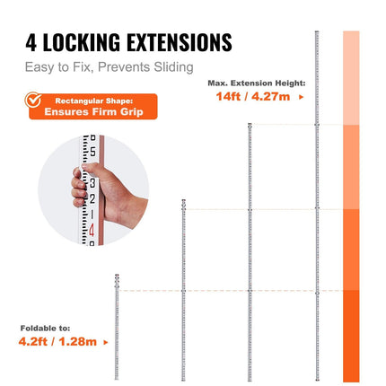 Aluminum Grade Rod, 14-Feet/8ths 4 Sections Telescopic Measuring Rod, Double-Sided Scale 1/8in Leveling Rod Stick, Aluminum Alloy Survey Rod w/ Bubble Level &Carrying Bag for Houses,Walls,Floors.