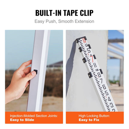 Aluminum Grade Rod, 14-Feet/8ths 4 Sections Telescopic Measuring Rod, Double-Sided Scale 1/8in Leveling Rod Stick, Aluminum Alloy Survey Rod w/ Bubble Level &Carrying Bag for Houses,Walls,Floors.