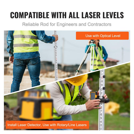Aluminum Grade Rod, 14-Feet/8ths 4 Sections Telescopic Measuring Rod, Double-Sided Scale 1/8in Leveling Rod Stick, Aluminum Alloy Survey Rod w/ Bubble Level &Carrying Bag for Houses,Walls,Floors.