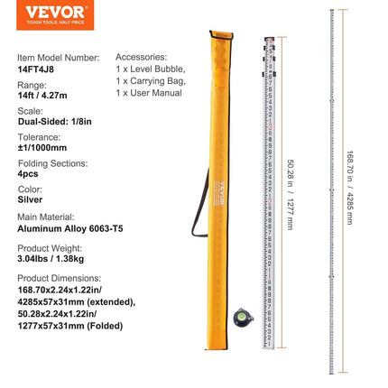 Aluminum Grade Rod, 14-Feet/8ths 4 Sections Telescopic Measuring Rod, Double-Sided Scale 1/8in Leveling Rod Stick, Aluminum Alloy Survey Rod w/ Bubble Level &Carrying Bag for Houses,Walls,Floors.