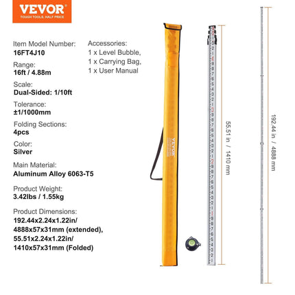 Measuring Rod 16-Feet/10ths 4 Sections Telescopic Grade Rod 1/10ft w/ Bag.