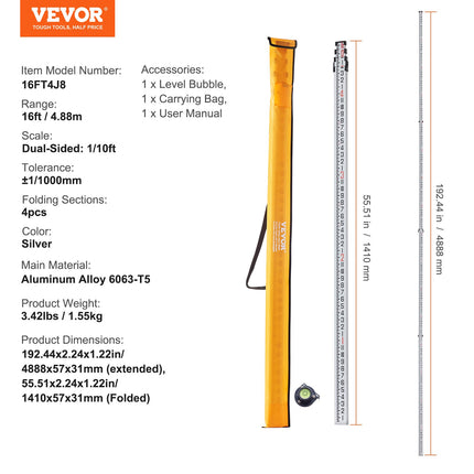 Measuring Rod 16-Feet/8ths 4 Sections Telescopic Grade Rod 1/8in w/ Bag.